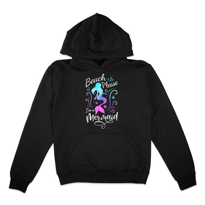 Black hoodie with mermaid design and text on a white background