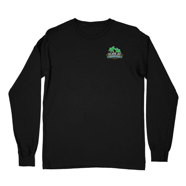 A navy blue long-sleeve crewneck t-shirt with a small graphic of a sailboat and the word 'SAILOR' printed on the left chest, displayed on a clean white background.