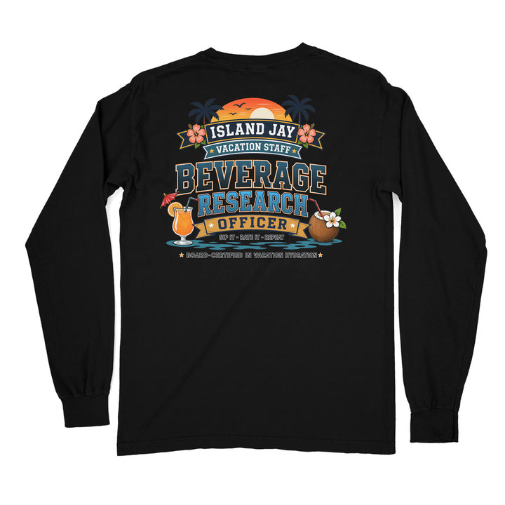 A black long-sleeve t-shirt with a colorful graphic on the back featuring tropical island elements and the text 'ISLAND JAY VACATION STAFF BEVERAGE RESEARCH OFFICER'.