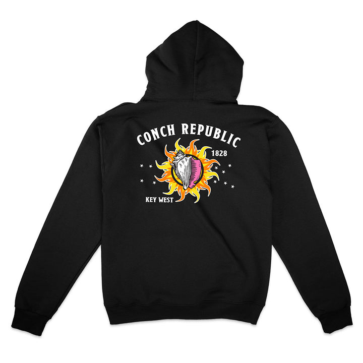 Black Hoodie with Key West Flag Graphic text reading "Conch Republic Key West 1828" on a white background.