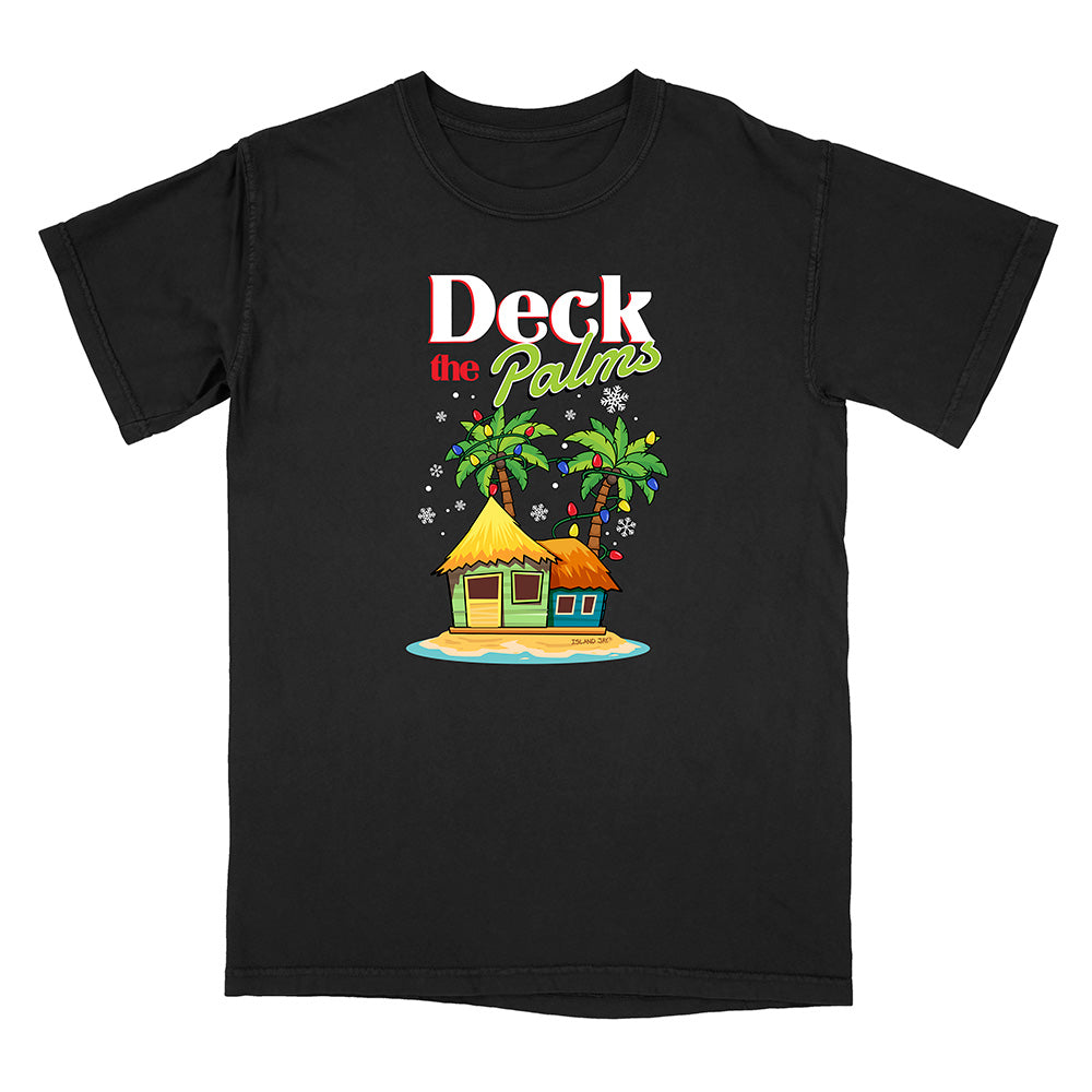 Black t-shirt with a tropical hut and palm tree design with graphic text reading "Deck The Palms" on a white background