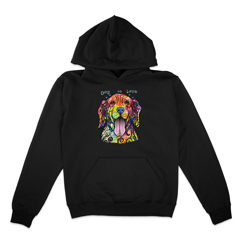 Black hoodie with a colorful dog graphic and 'Dog is Love' text on a white background