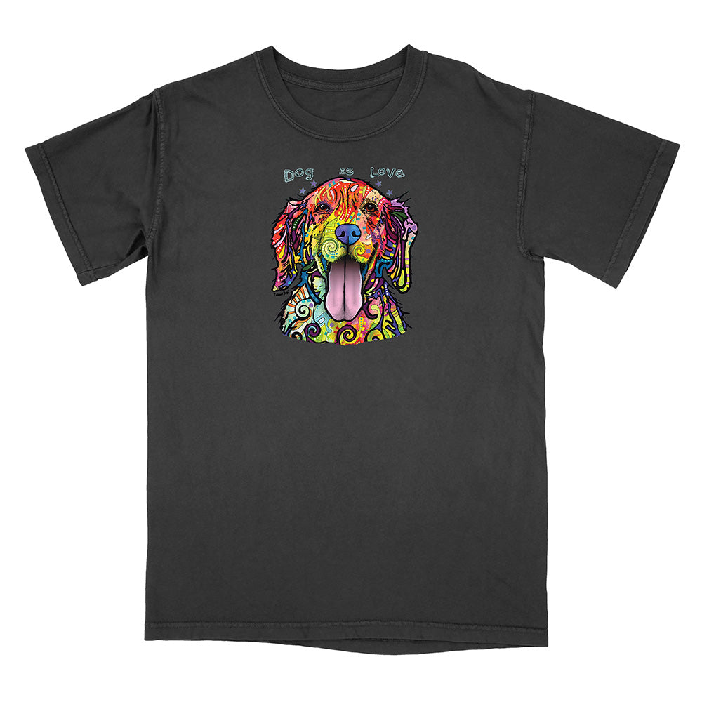 Black t-shirt with a colorful dog graphic and text on a white background