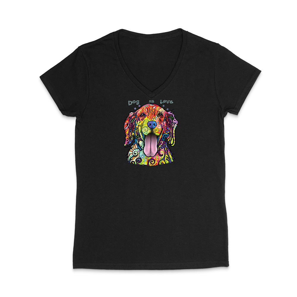 Black V-neck t-shirt with a colorful dog graphic and 'Dog is Love' text on a white background