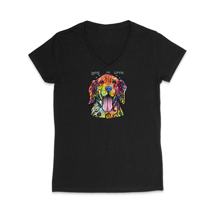Black V-neck t-shirt with a colorful dog graphic and 'Dog is Love' text on a white background
