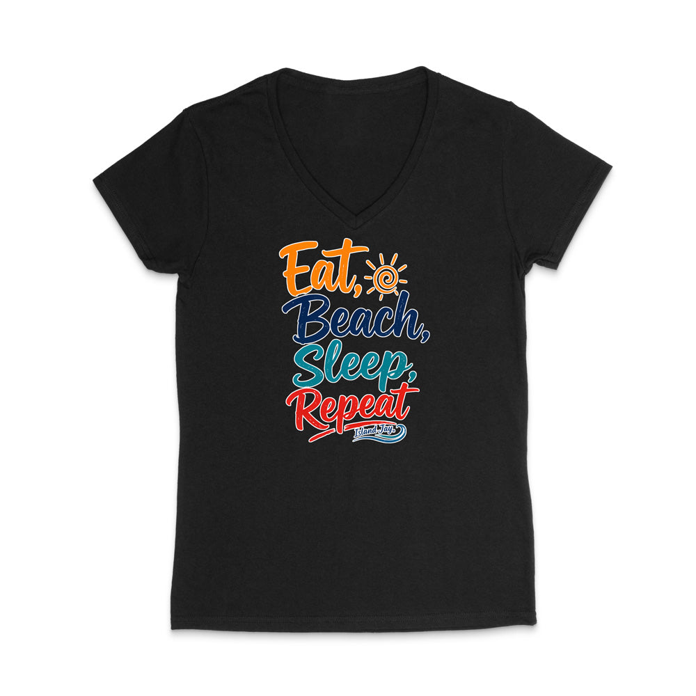 A black women's V-neck t-shirt with a colorful retro-style graphic reading 'Eat, Beach, Sleep, Repeat' in orange, blue, and red lettering, displayed on a clean white background.