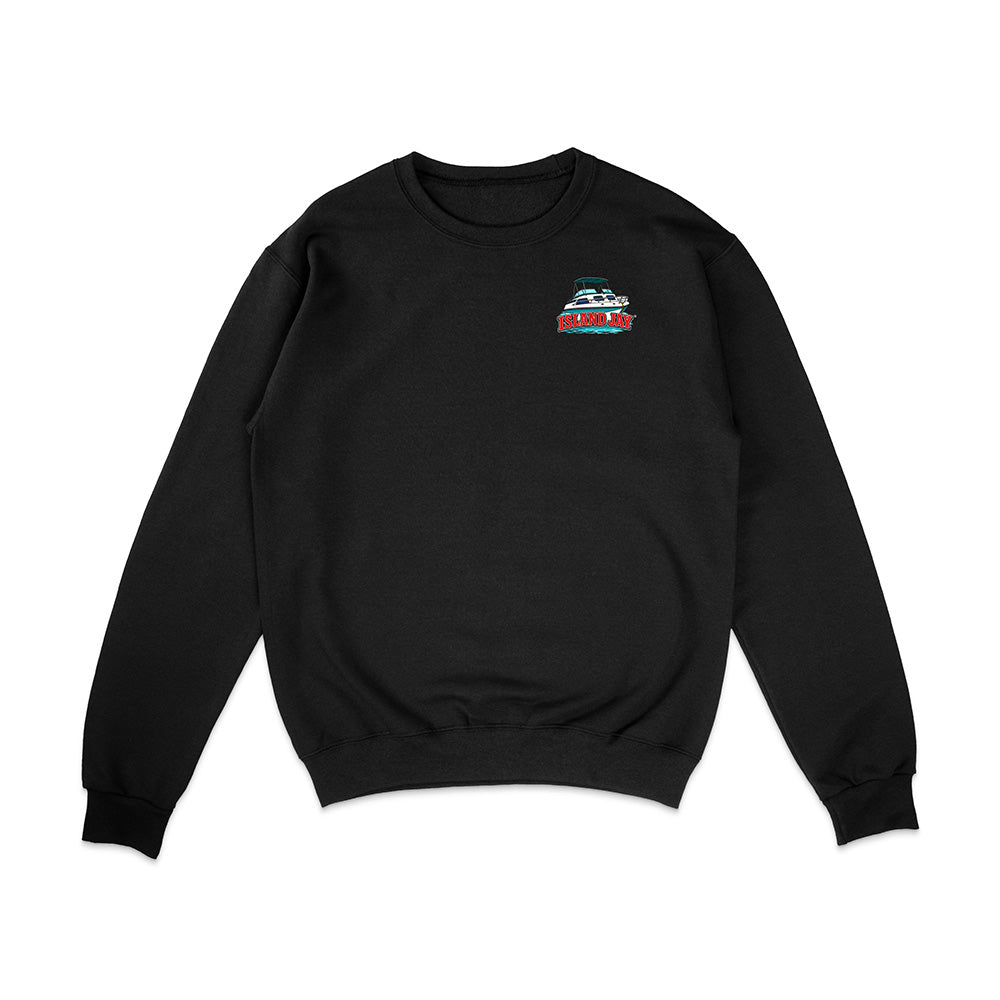 A black crewneck sweatshirt with a small colorful graphic on the left chest depicting a boat and the text 'BOAT CRIME', shown against a plain white background.