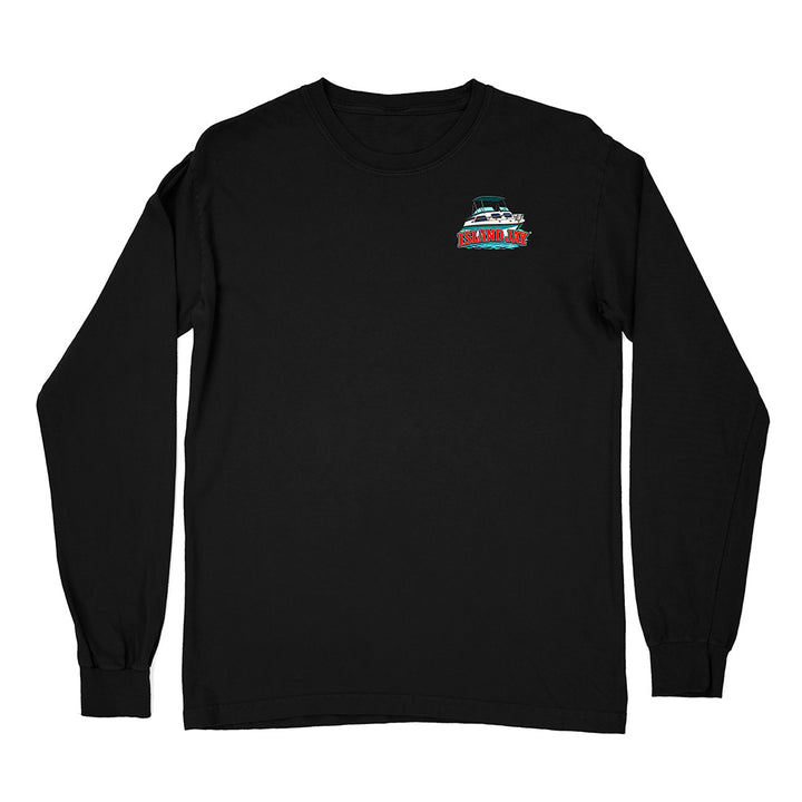 A black long-sleeve crewneck t-shirt with a small graphic of a red and white boat on the left chest, displayed on a solid white background.