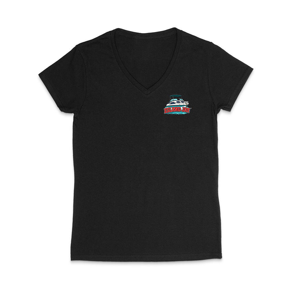 A black women's short-sleeve V-neck t-shirt with a small colorful boat graphic on the left chest, displayed against a solid white background.