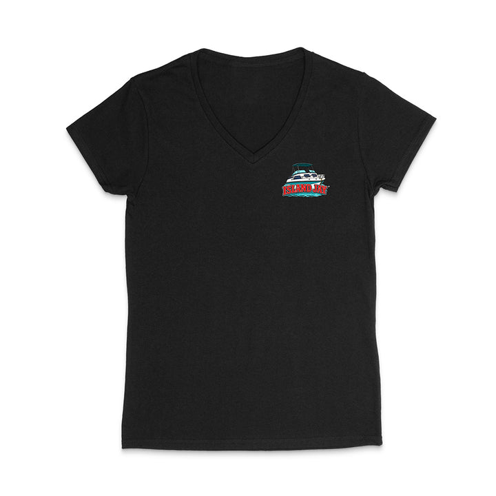 A black women's short-sleeve V-neck t-shirt with a small colorful boat graphic on the left chest, displayed against a solid white background.