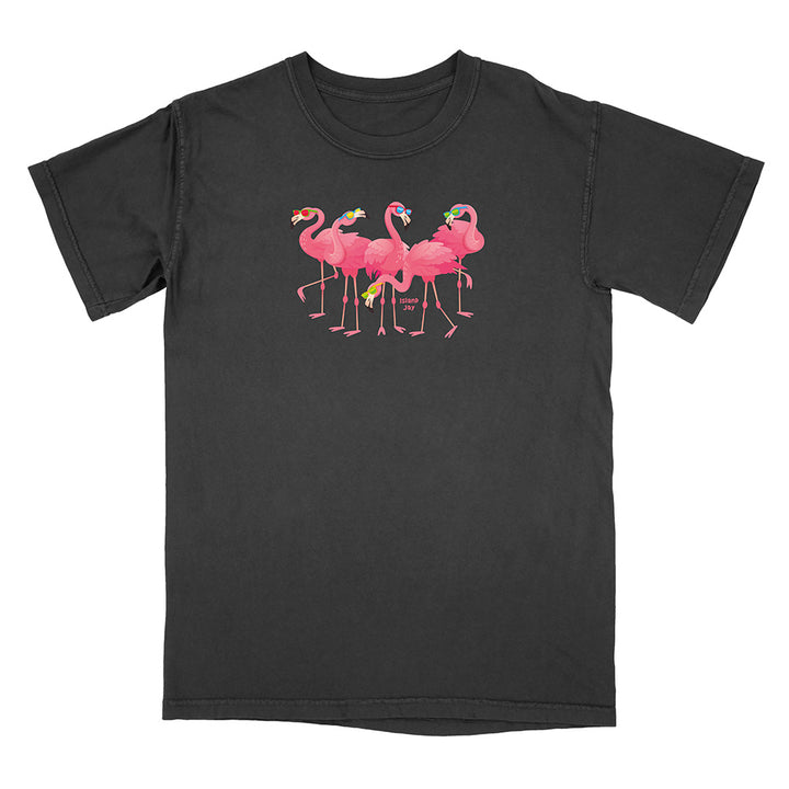 Black t-shirt with pink flamingo graphic on a white background