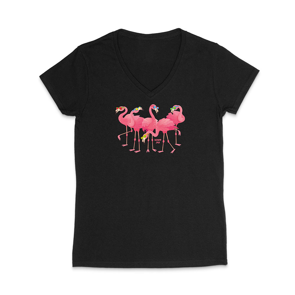 Black V-neck t-shirt with pink flamingo design on a white background