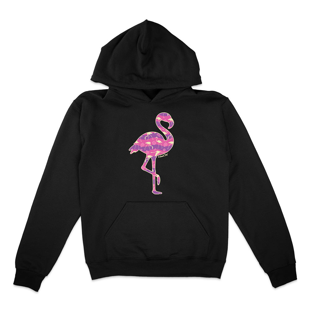 Black hoodie with a colorful flamingo design on a white background.