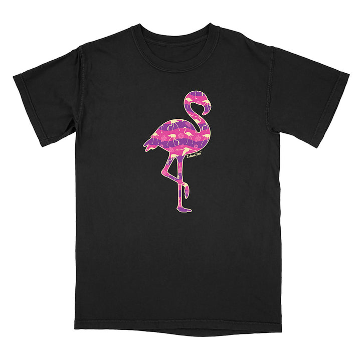 Black t-shirt with a pink flamingo design on a white background.