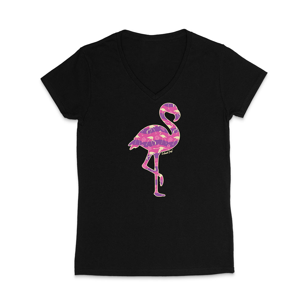 Black v-neck t-shirt with a colorful flamingo design on a white background