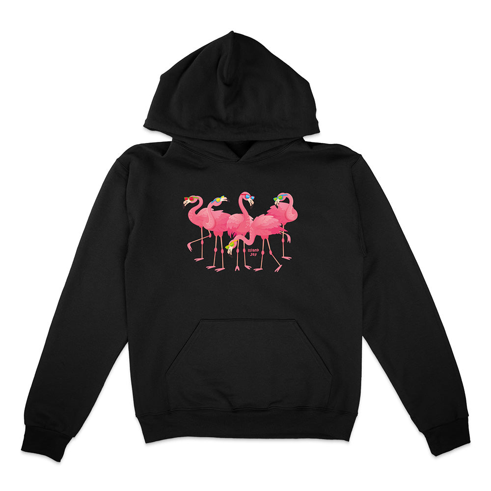 Black hoodie with pink flamingo design on a white background