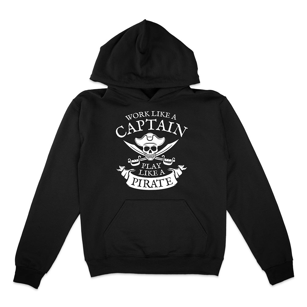Black hoodie with white pirate-themed design on a white background