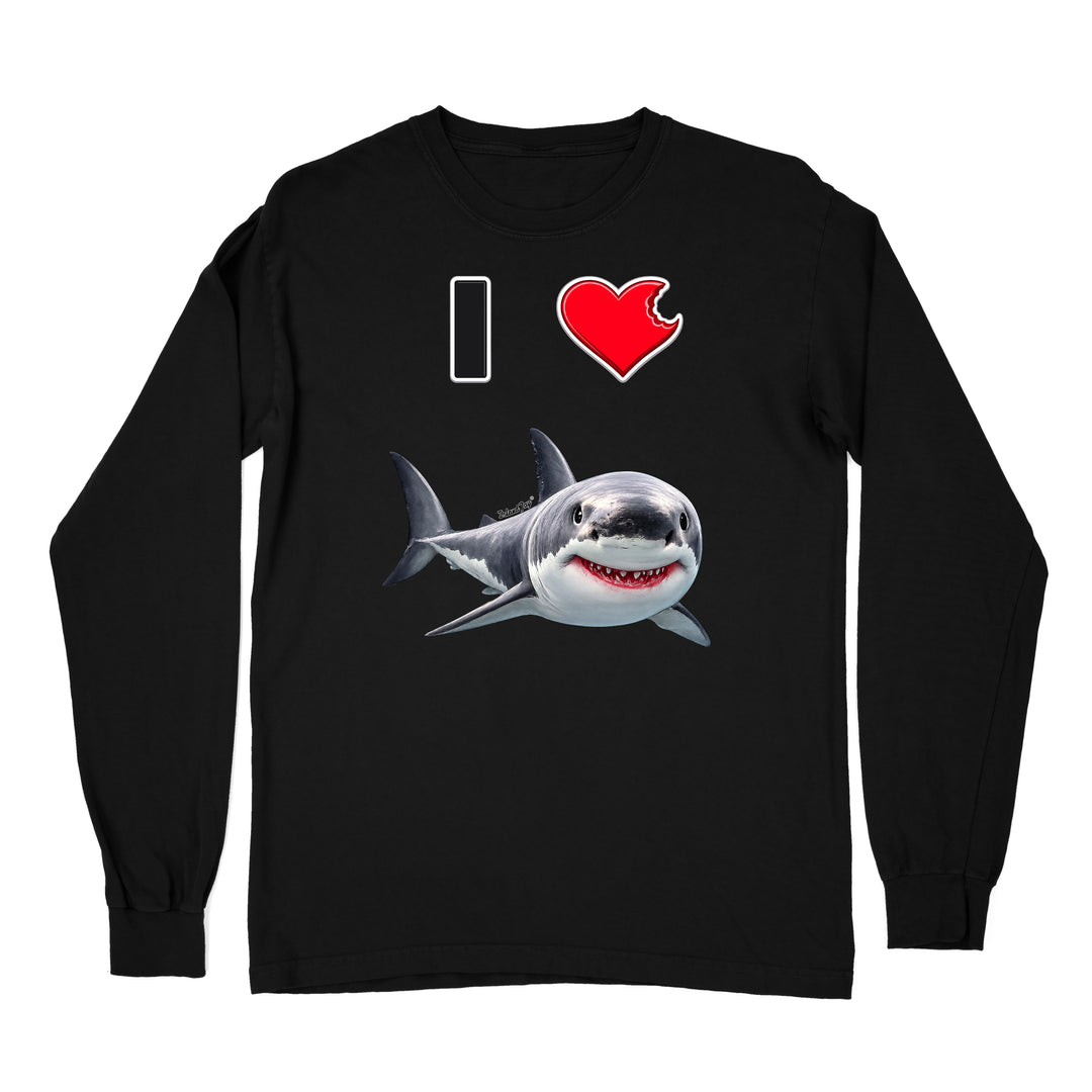 A black long sleeve shirt with the phrase "I love shark" written with a heart icon graphic for the "love" and a cute shark graphic for the "Shark".