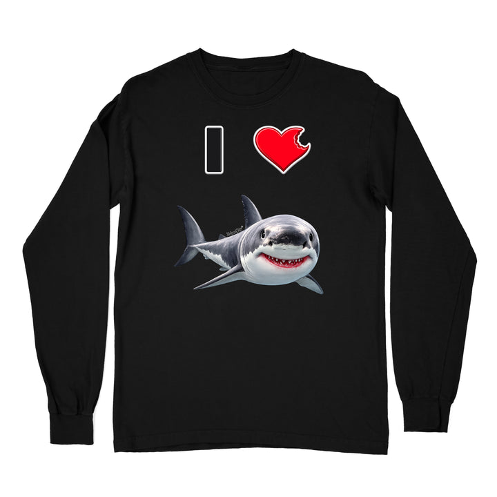 A black long sleeve shirt with the phrase "I love shark" written with a heart icon graphic for the "love" and a cute shark graphic for the "Shark".