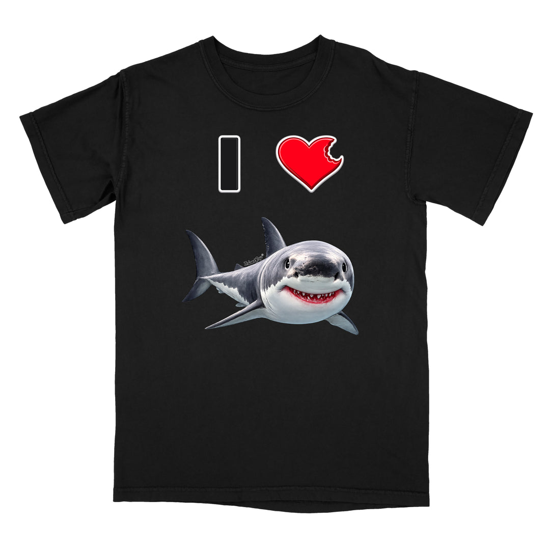 A black short-sleeve crewneck t-shirt featuring a graphic print of a great white shark below a stylized 'I' and red heart symbol.
