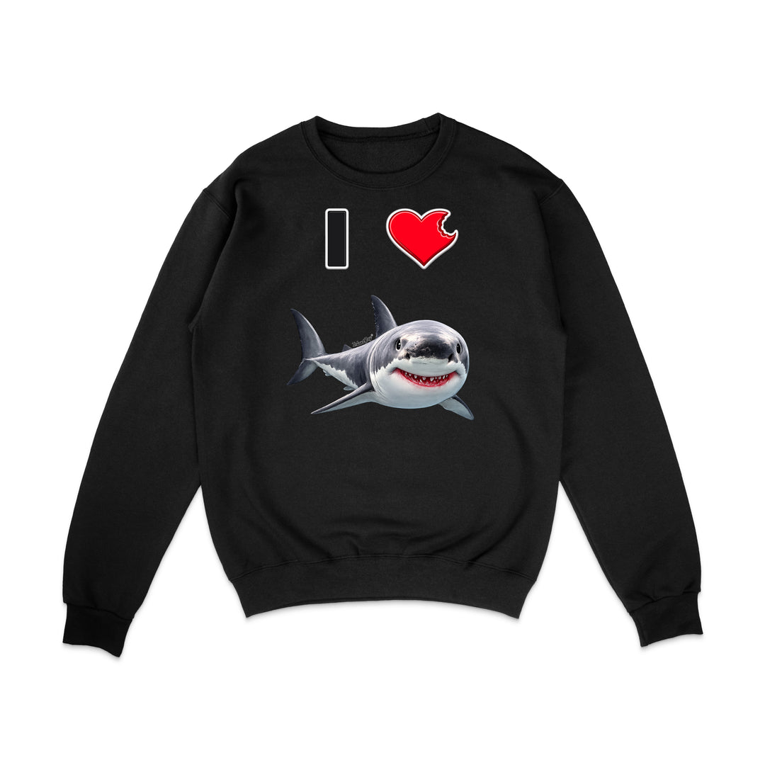 A black crewneck sweatshirt featuring a graphic print of a great white shark and the text 'I' followed by a red heart, displayed on a clean white background.