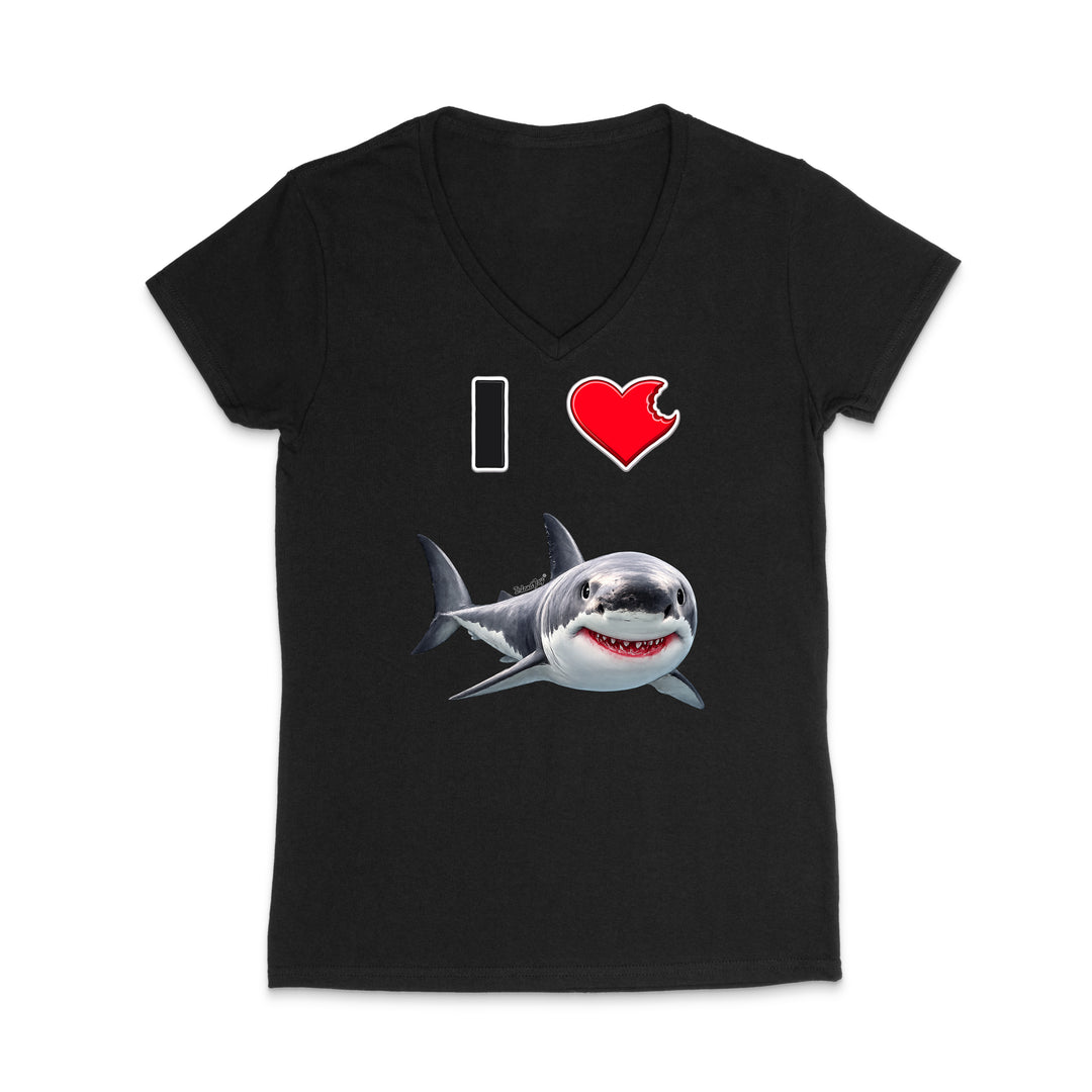 A black women's V-neck t-shirt featuring a graphic print of a great white shark below a text design that reads 'I' followed by a red heart and the shark.