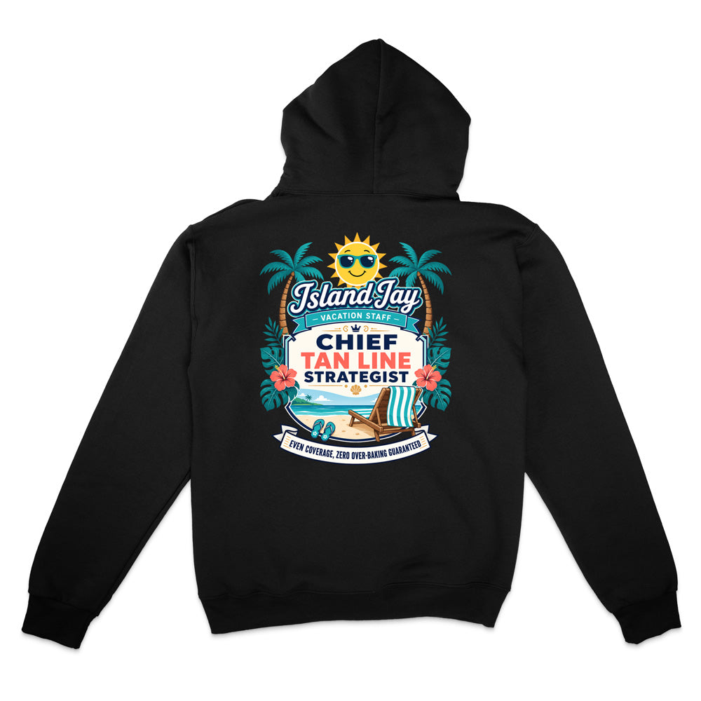 A black pullover hoodie shown from the back, featuring a colorful graphic print with palm trees, a sun, a beach chair, and text that reads 'IslandJays' and 'CHIEF TAN LINE STRATEGIST'.