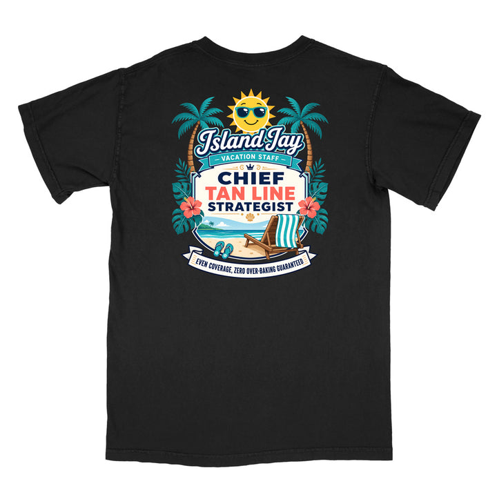 A black short-sleeve t-shirt with a colorful graphic print on the front. The graphic features a smiling sun wearing sunglasses, palm trees, a beach scene, and text that reads 'Island Jay Vacation Staff by CHIEF TAN LINE STRATEGIST'.