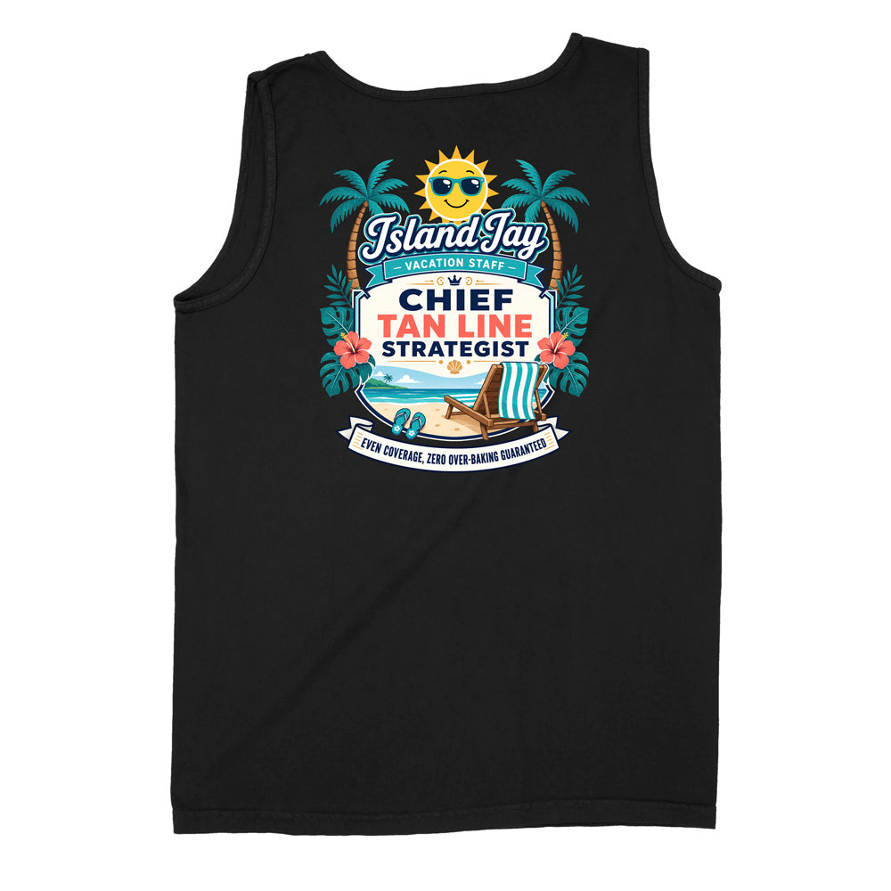 A black sleeveless tank top with a colorful graphic print on the front. The graphic features a smiling sun, palm trees, hibiscus flowers, a beach umbrella, and text that reads 'Island Jay Vacation Staff CHIEF TAN LINE STRATEGIST' along with a slogan about live coverage.