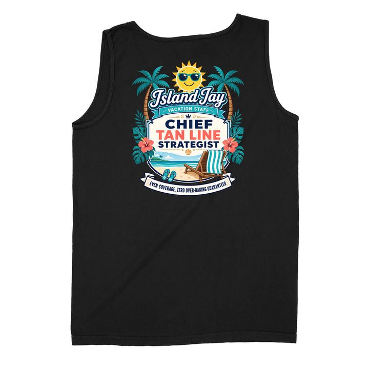 A black sleeveless tank top with a colorful graphic print on the front. The graphic features a smiling sun, palm trees, hibiscus flowers, a beach umbrella, and text that reads 'Island Jay Vacation Staff CHIEF TAN LINE STRATEGIST' along with a slogan about live coverage.