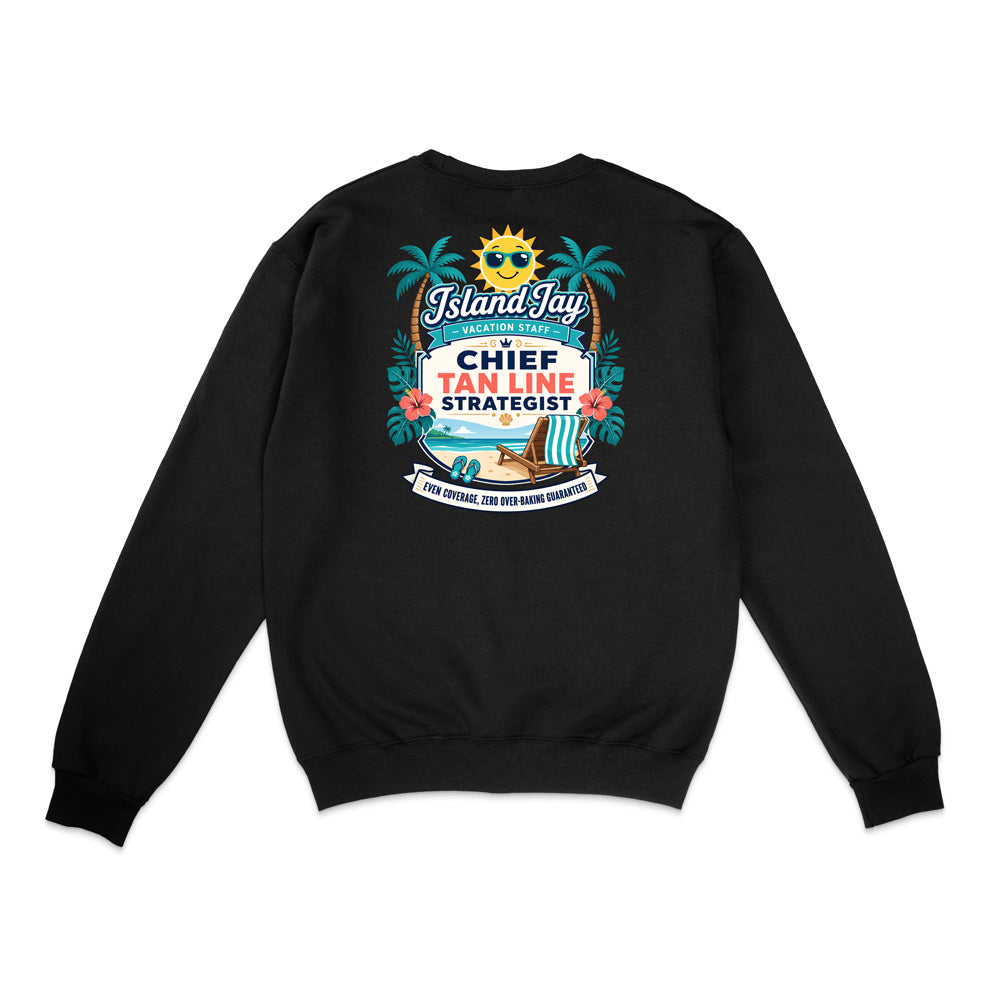 A black crewneck sweatshirt shown from the back, featuring a colorful graphic print with palm trees, a sun, and a beach scene with the text 'Island Jay Chief Tan Line Strategist'.