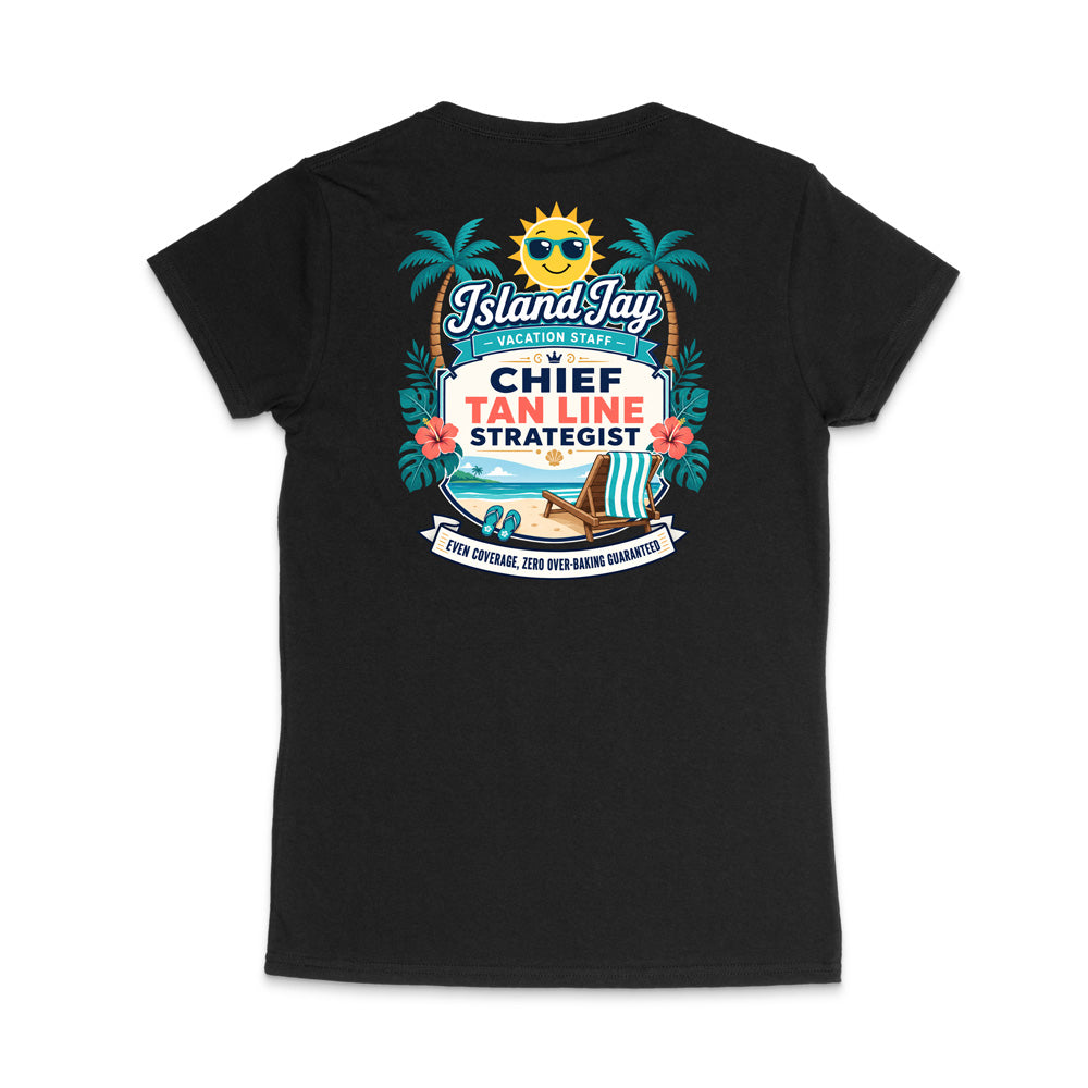A black short-sleeve t-shirt shown from the back, featuring a colorful graphic print with palm trees, a smiling sun, a beach chair, and the text 'Island Jay' and 'Chief Tan Line Strategist'.