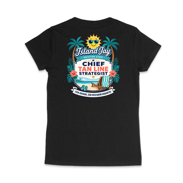 A black short-sleeve t-shirt shown from the back, featuring a colorful graphic print with palm trees, a smiling sun, a beach chair, and the text 'Island Jay' and 'Chief Tan Line Strategist'.