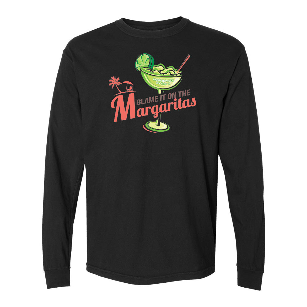 Black long-sleeve shirt with a margarita graphic and text on a white background