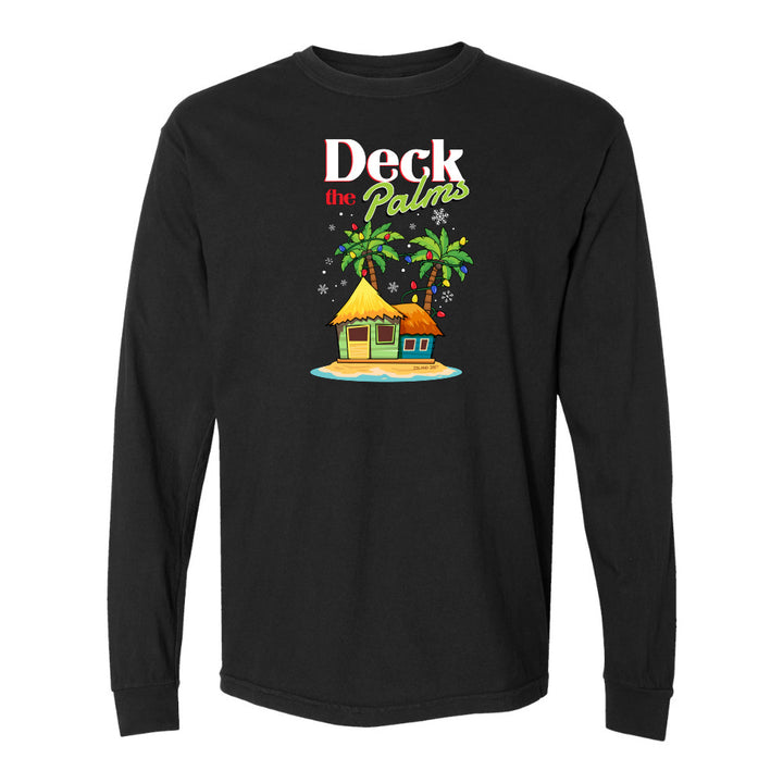 Black long-sleeve shirt with a tropical hut and palm tree design and graphic text reading "Deck The Palms" on a white background