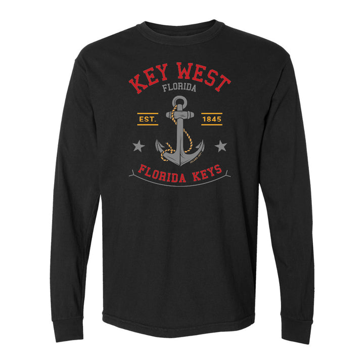 Black long-sleeve shirt with 'Key West, Florida' and anchor design on a white background