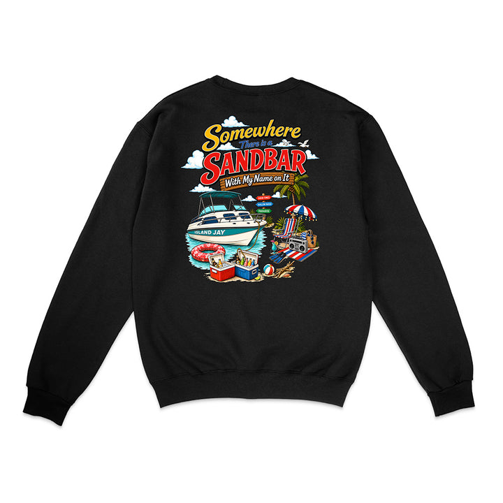 A black crewneck sweatshirt shown from the back, featuring a colorful graphic print with the text 'Somewhere That's So Sandbar With My Mommy On It' and illustrations of a boat, beach umbrella, palm tree, and beach accessories.