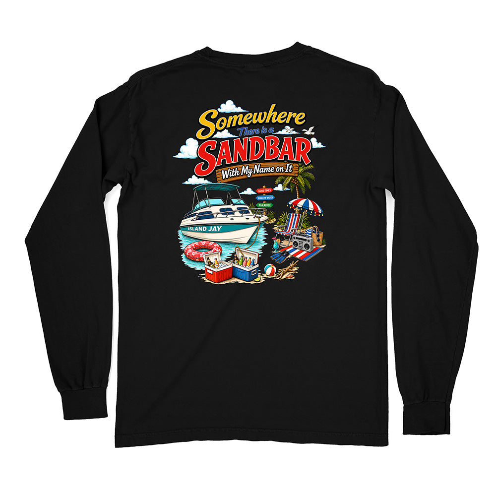 A black long-sleeve t-shirt with a colorful graphic print on the back. The graphic features the text 'Somewhere Sandbar' in yellow and red, along with a beach scene illustration containing a boat, palm tree, and beach umbrellas.