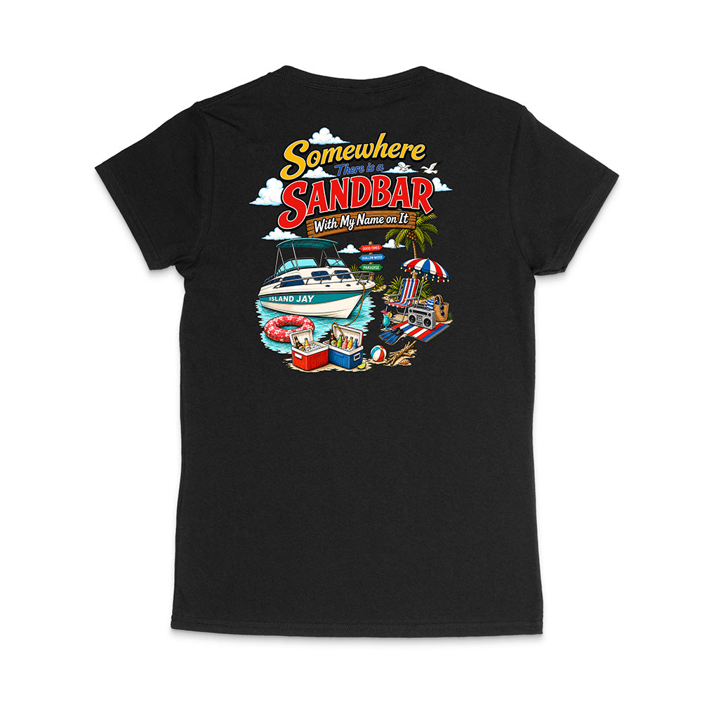A black short-sleeve t-shirt shown from the back, featuring a colorful graphic print with the text 'Somewhere Sandbar' and 'Wish My Name Was Here' above an illustration of a boat, beach umbrella, and beach accessories.