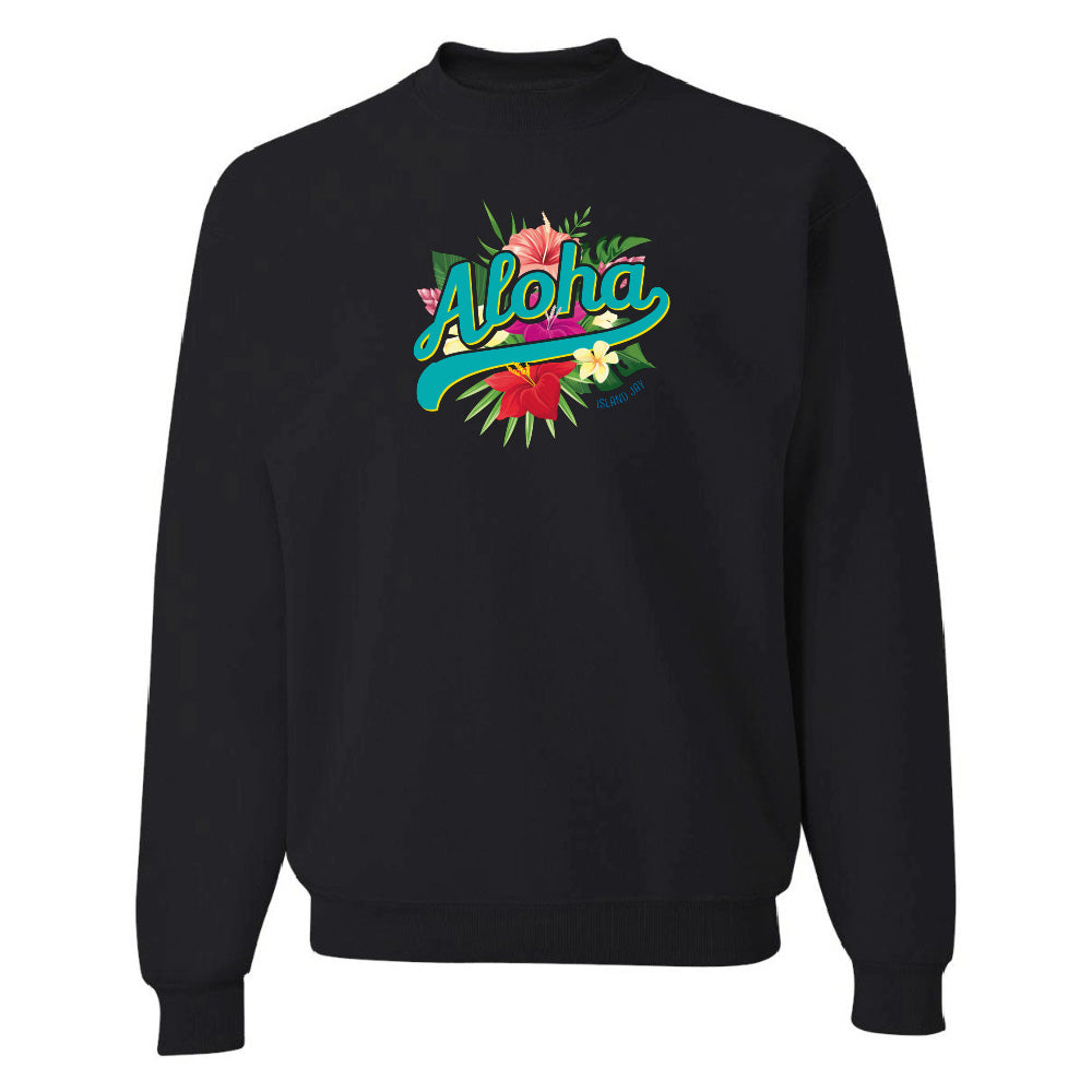 Black sweatshirt with 'Aloha' design featuring flowers on a white background