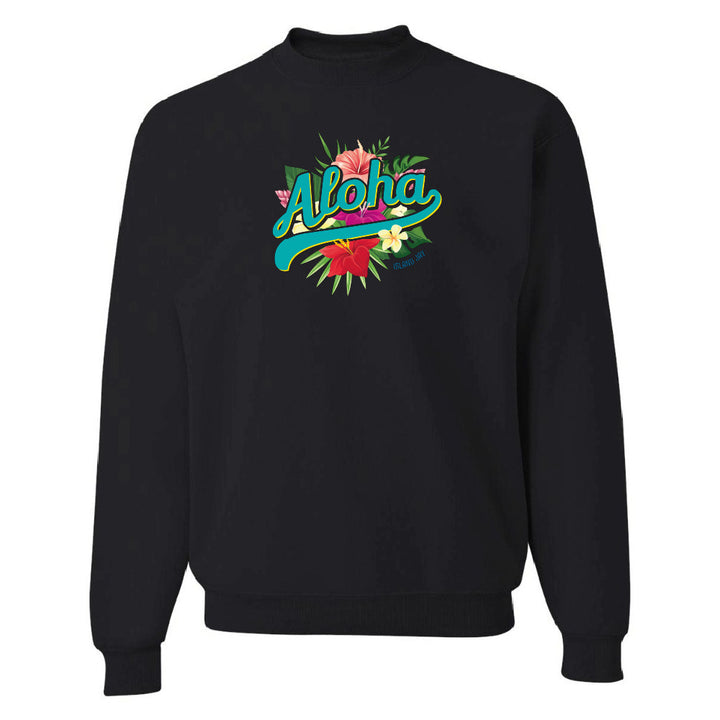 Black sweatshirt with 'Aloha' design featuring flowers on a white background