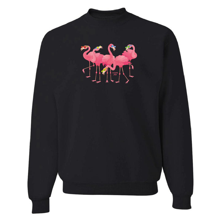 Black sweatshirt with pink flamingo design on a white background