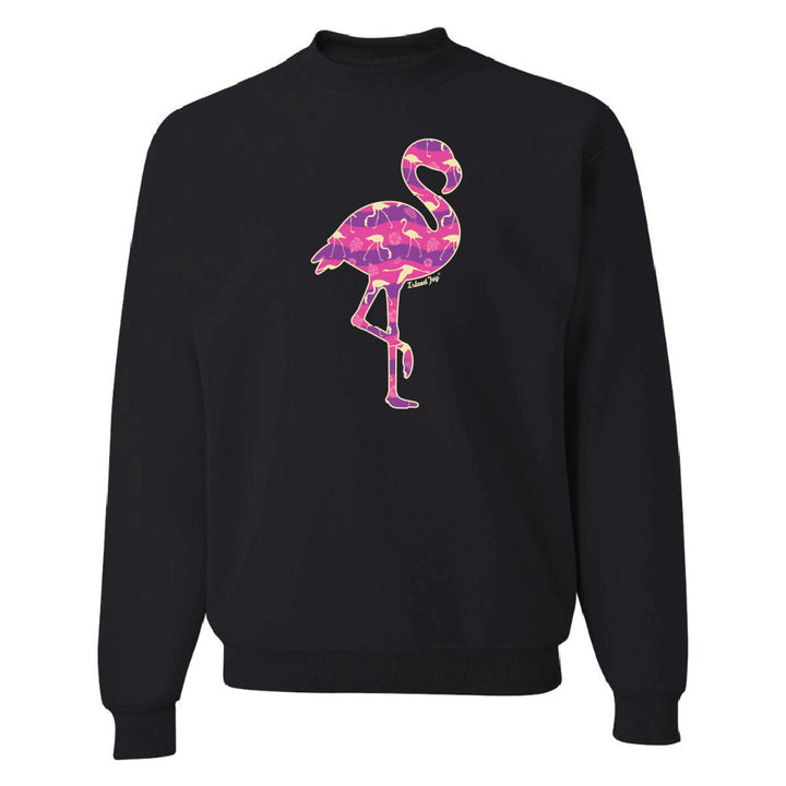 Black sweatshirt with a colorful flamingo design on a white background