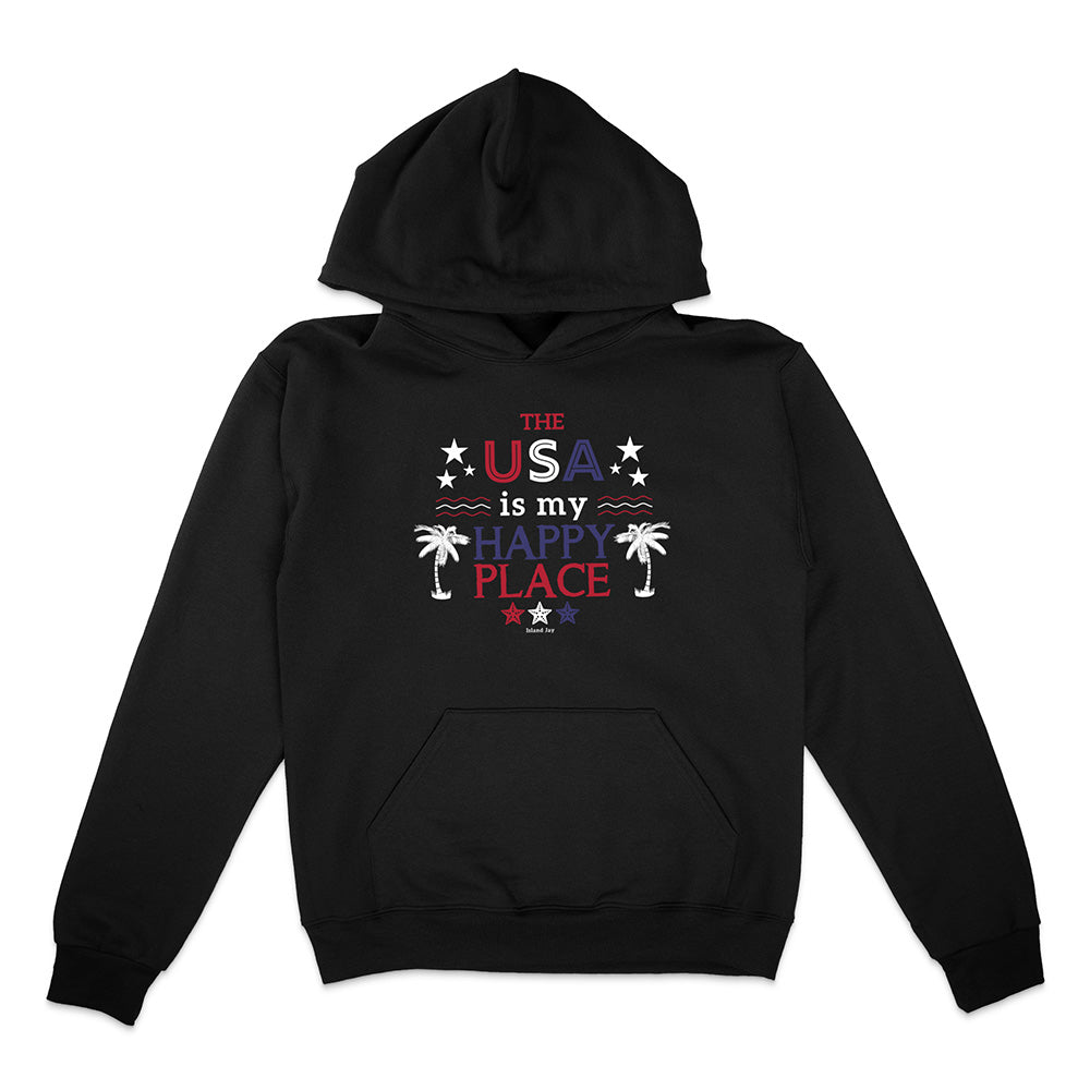Black Hoodie with Graphic text reading "The USA Is My Happy place" with palm trees and stars on a white background.