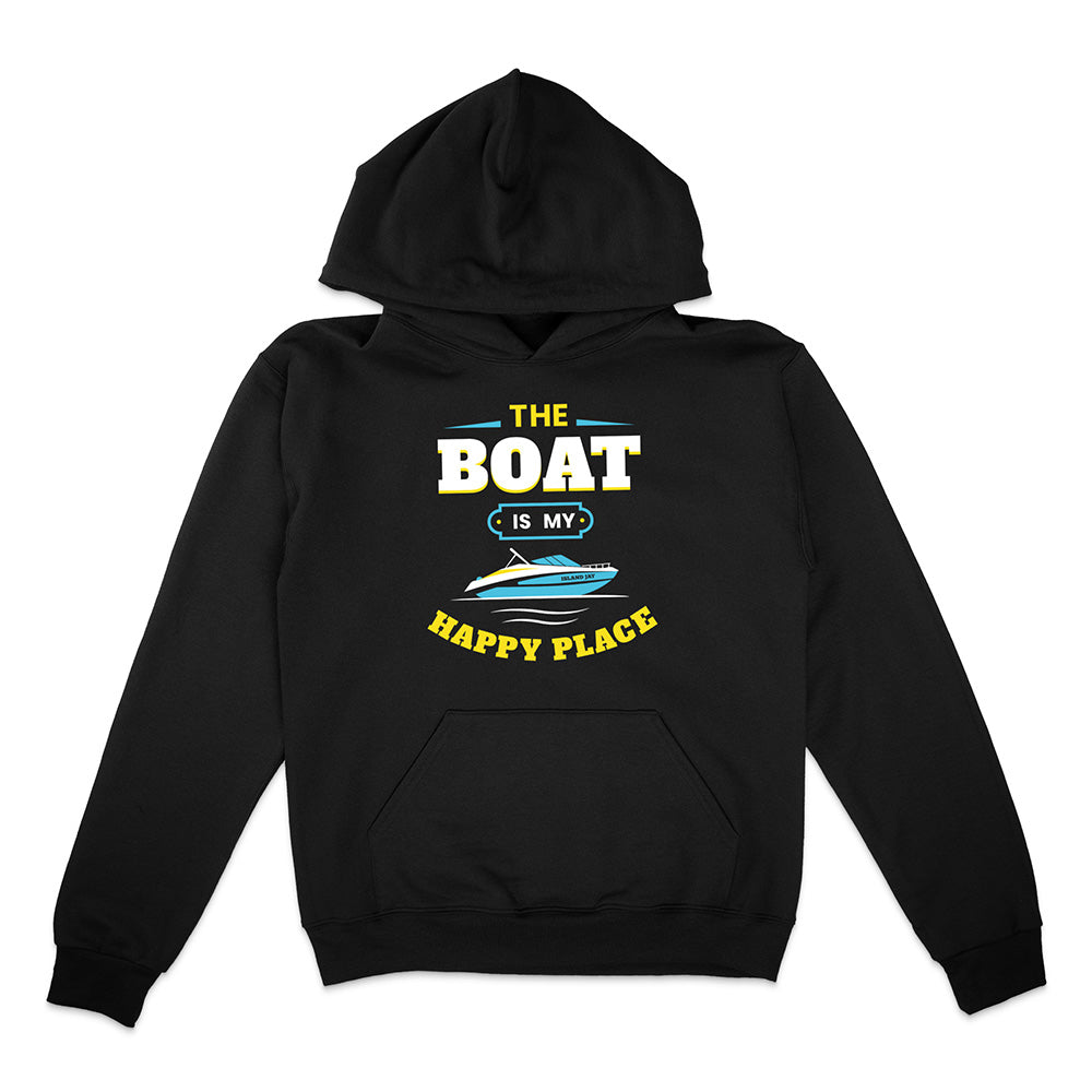 Black hoodie with 'The Boat is My Happy Place' graphic on a white background