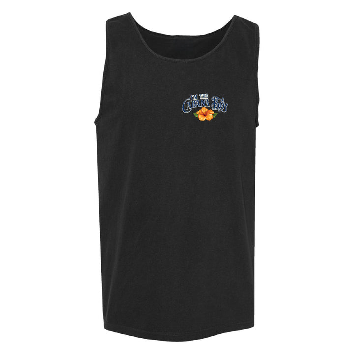 A black sleeveless tank top featuring a small chest graphic with the words 'Cactus Jack' in blue and a small orange flower underneath, displayed against a plain white background.