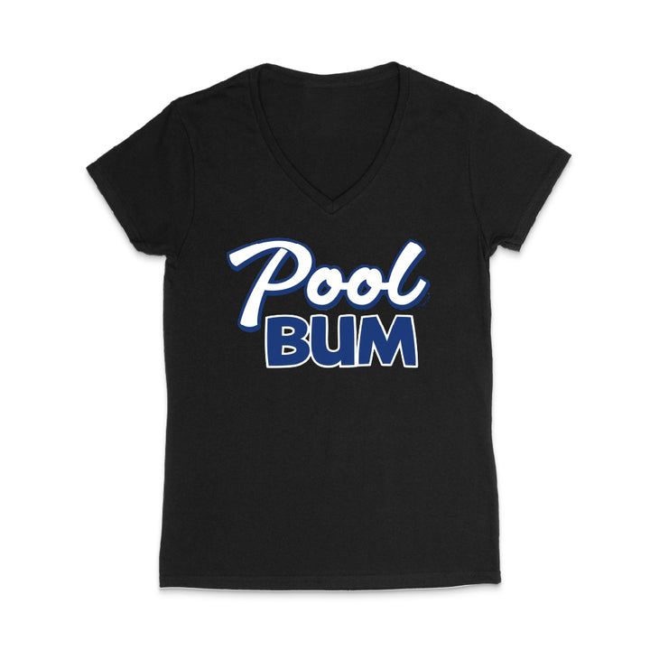 Black V-neck t-shirt with 'Pool Bum' text in white and blue on a white background