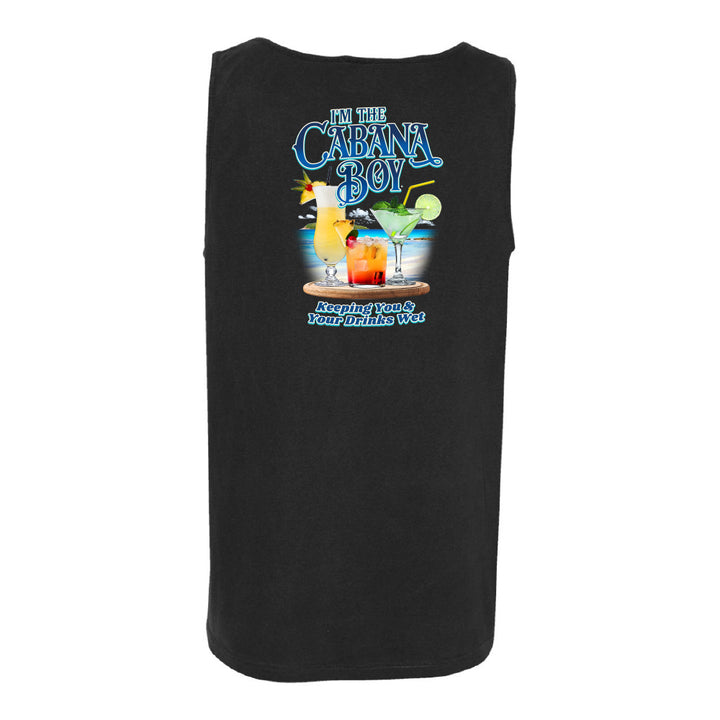 A black sleeveless tank top with a colorful graphic on the front featuring the text 'I'm The Cabana Boy' and cocktail illustrations, shown against a plain white background.