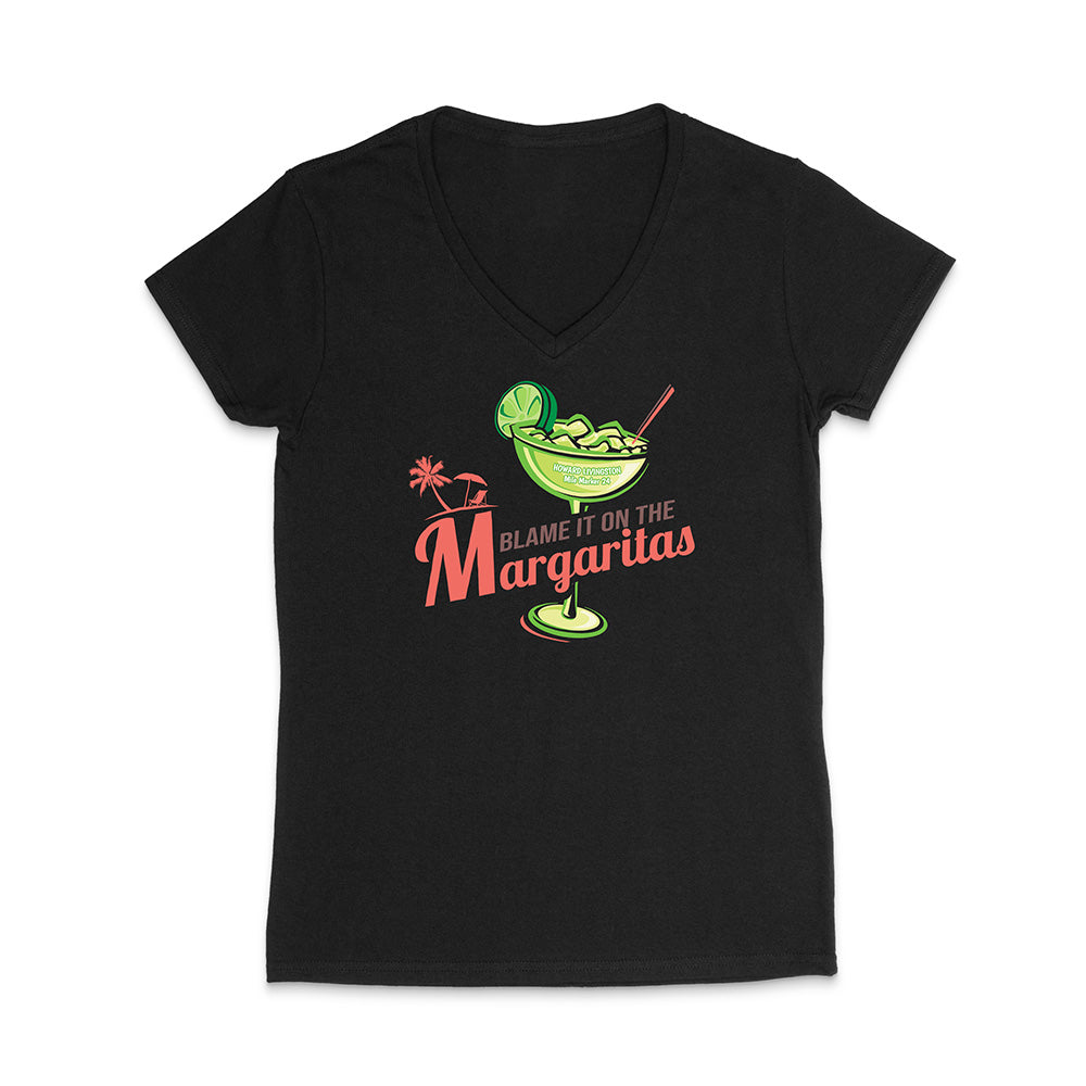 Black t-shirt with a graphic of a margarita and text 'Blame it on the Margaritas' on a white background