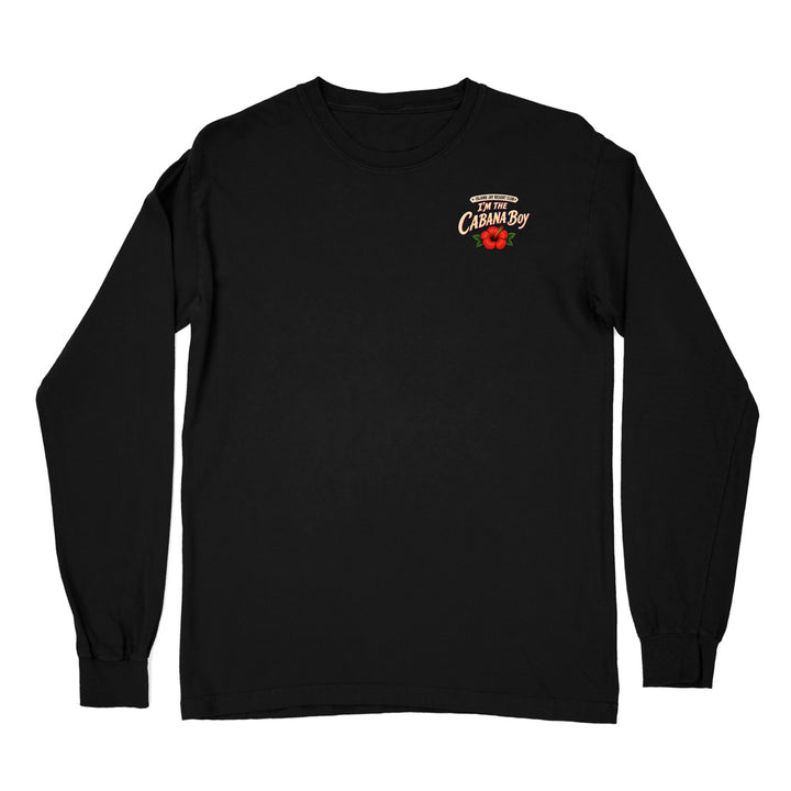 A black long-sleeve t-shirt with a small graphic on the left chest reading 'I'm So Casyway' in a retro font, decorated with a small red hibiscus flower, shown on a plain white background.